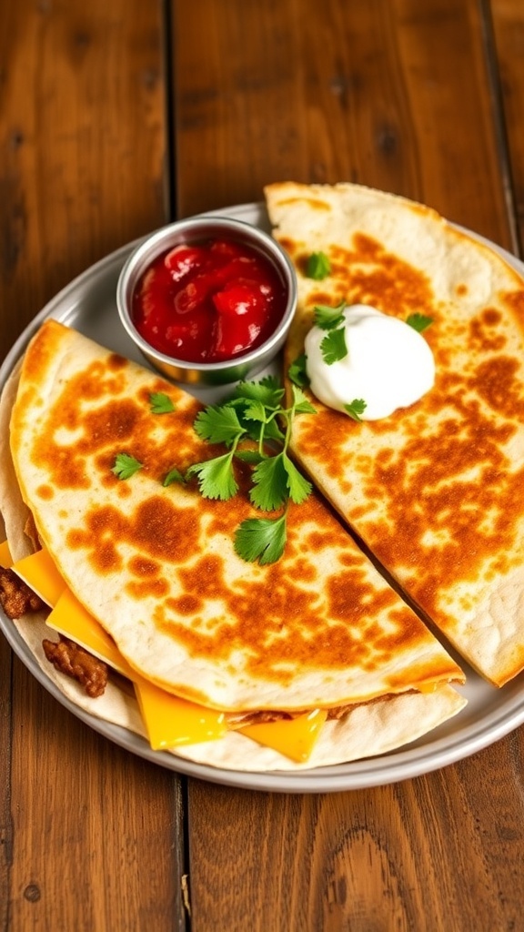 Cheesy quesadilla wedges served with salsa and sour cream on a rustic table.